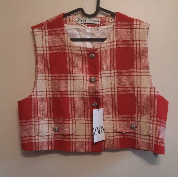 Zara Textured Waistcoat Vest Top Sleeveless Red White - Picture 4 of 14